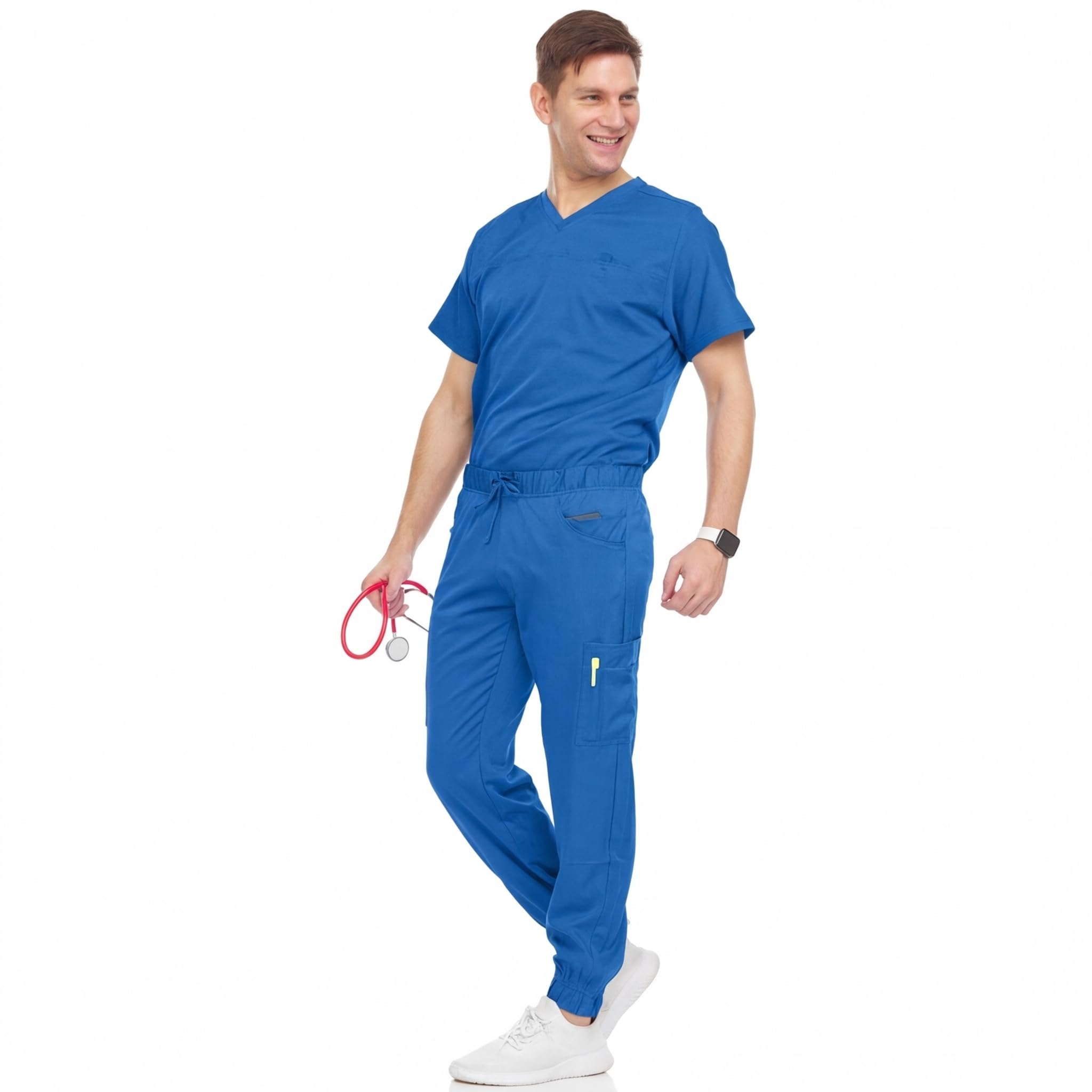 Medichic Men's Workwear Stretch V-Neck Scrub Joggers Set with Seven-Pocket Pants, Available in 6+ Colors