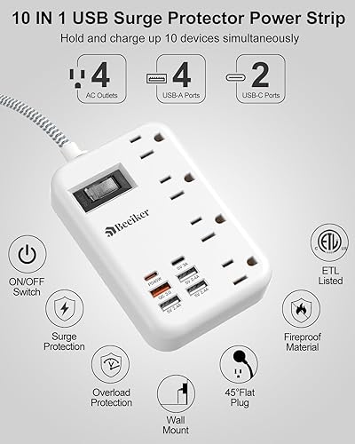 Miniatura 4 de Regleta de alimentación con protector de sobretensiones USB C de 45 W, regleta de alimentación de viaje con 6 puertos USB (2 USB C) y 4 tomas, cable