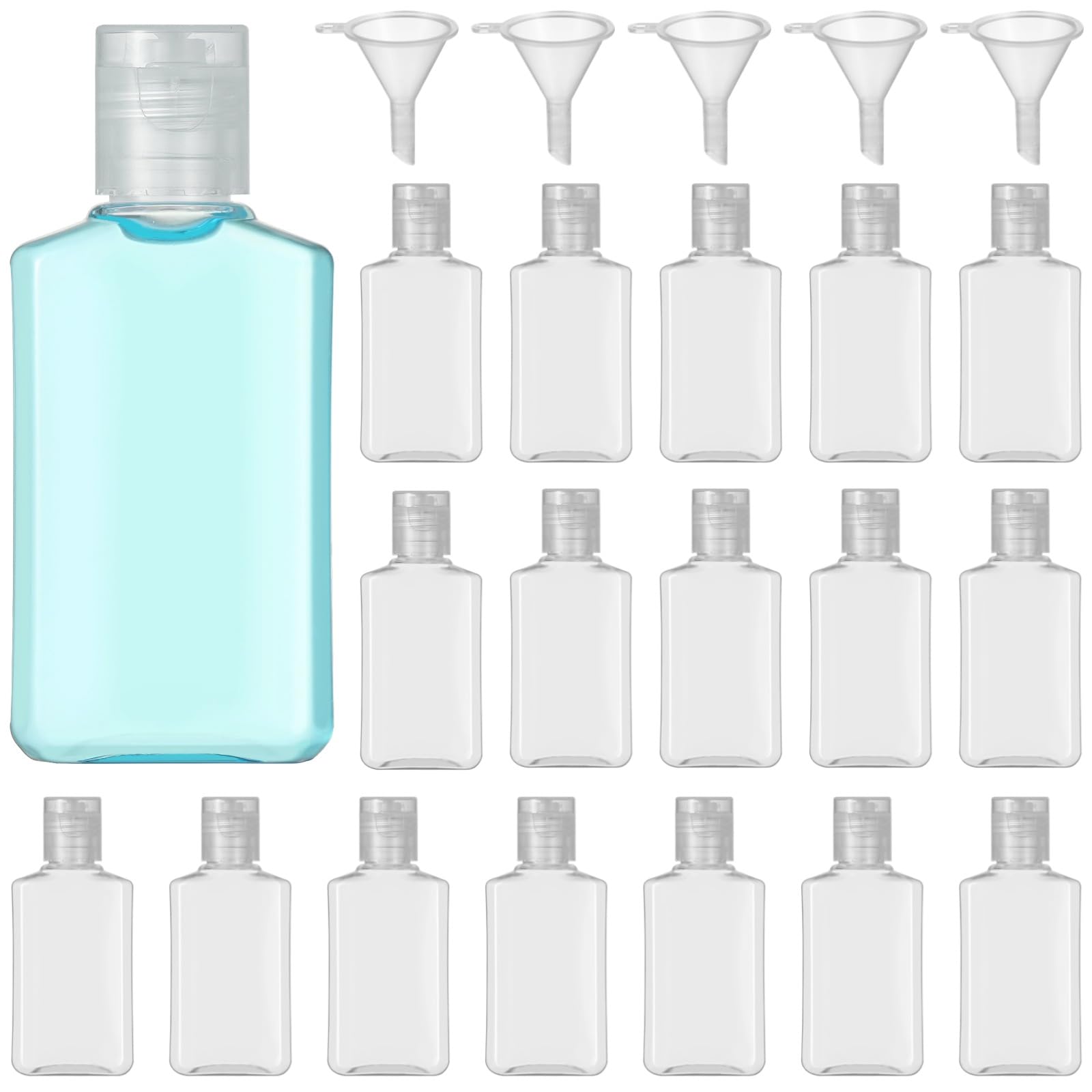 100 szt. 56 ml butelek podróżnych z 5 lejkami, mała plastikowa butelka z klapką, pusta butelka podróżna, pojemniki na kosmetyki do wielokrotnego napełniania, przezroczysta butelka na żel pod prysznic