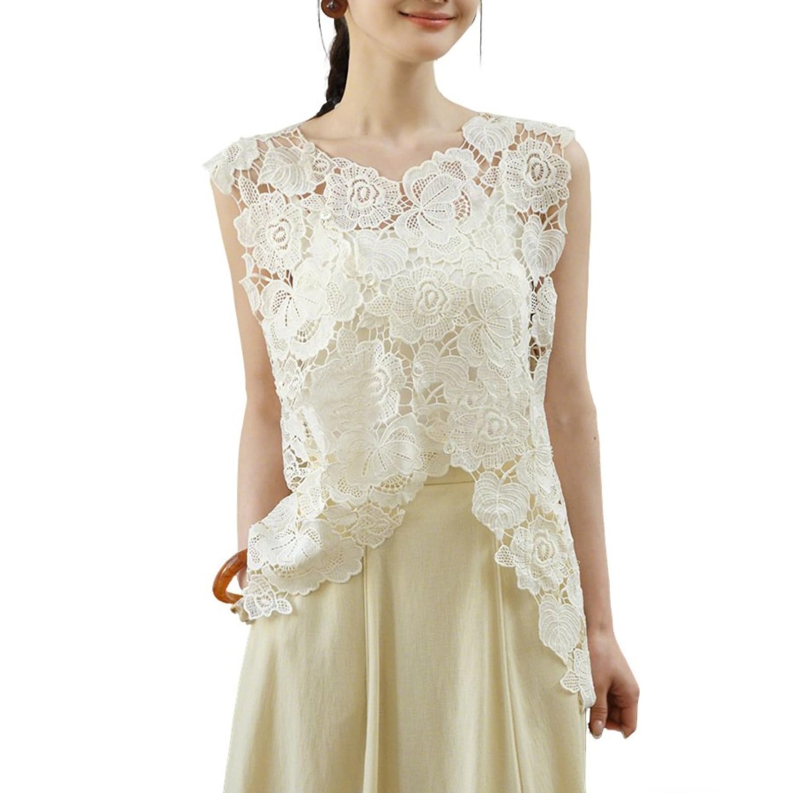 Femmes Loose Fit Débardeurs Décontractés Fleur Dentelle Évider Sans Manches Ourlet Irrégulier Chemises Gilet