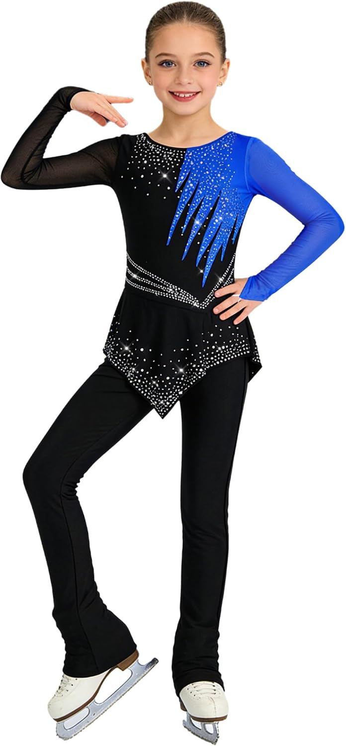 Kids Girls Rhythmic Gymnastics Leotard Rhinestone Dance Skirted Unitard Figure Ice Skating Jumpsuit