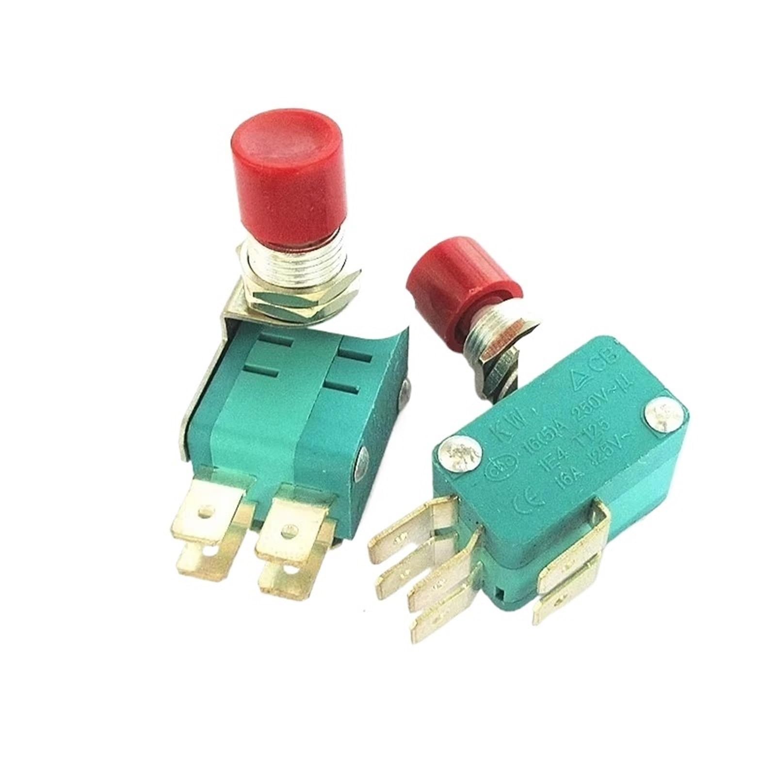 2 x mikroprzełączniki impulsowe AC 125 V/250 V 16 A, SPDT, NO, NC, z czerwoną / zieloną pokrywą, DS438 DS448 (DS438-6,3 mm Red)