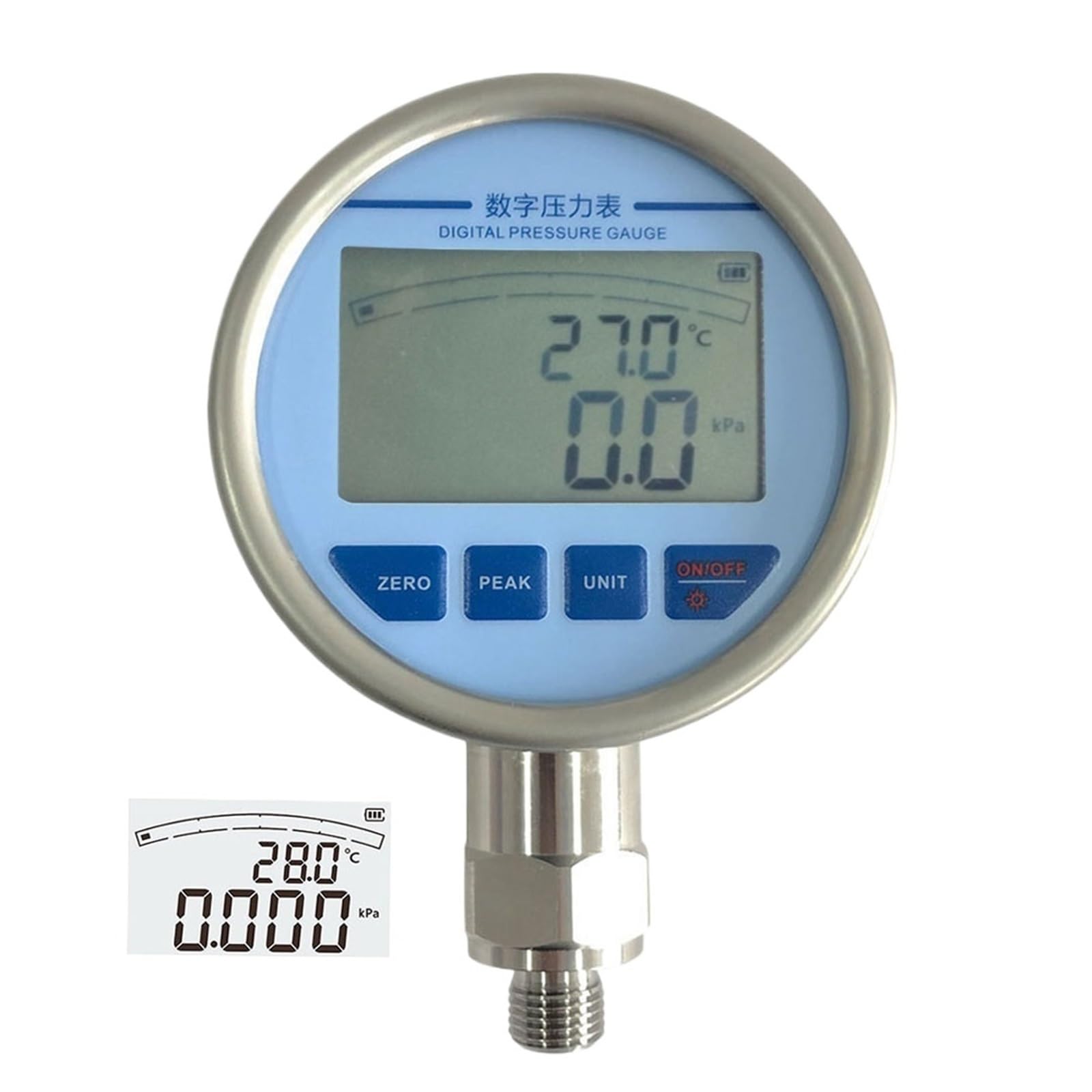 Manometro per pressione dell'acqua alimentato a batteria, precisione 0,2%, acciaio inossidabile per gas, carburante liquido, olio idraulico, manometro digitale per pressione dell'aria (NPT1-2,0-1,6