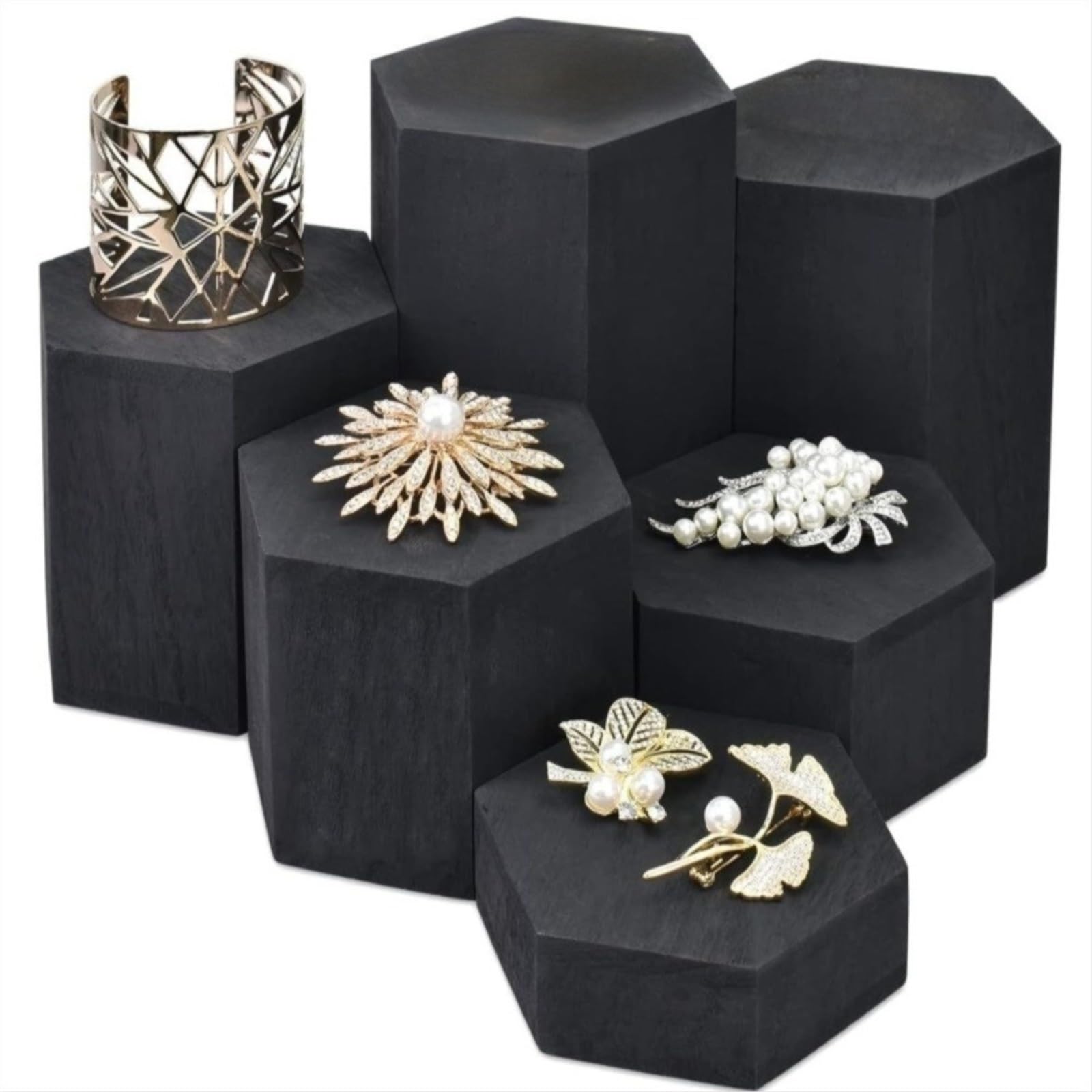 QuxetlRyz Perfume Organiser Display Risers Hexagonal Wooden Display Stand Stepped Design Cube Jewelry Rack Brown Bangle Organizer Perfume Counter(Black)