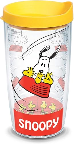 Tervis Peanuts - Vaso aislado Snoopy con envoltura y tapa amarilla, paquete de 2 unidades, en caja, 16 onzas, transparente