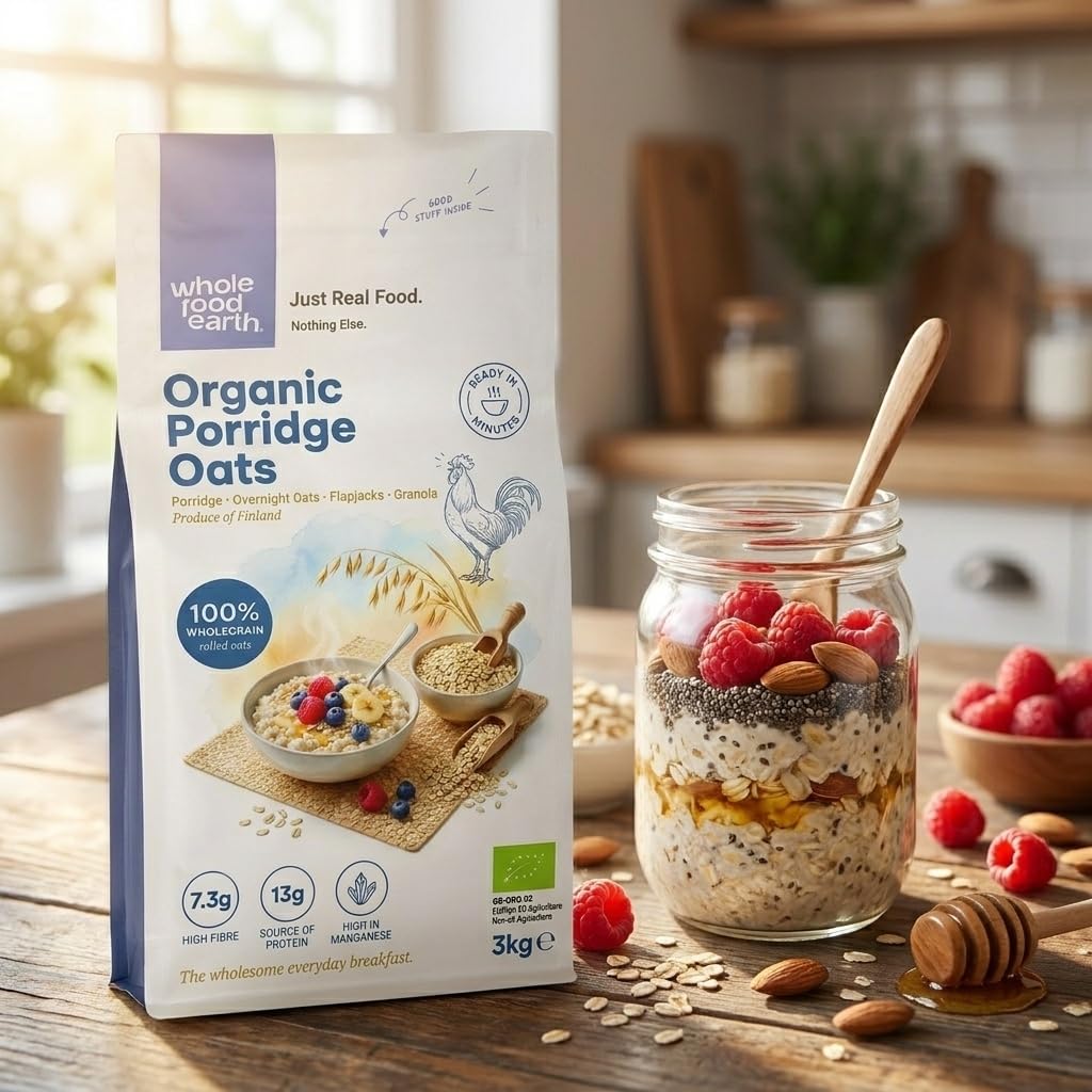 Wholefood Earth - Flocons d'Avoine Bio - 3 kg - Riche en Fibres et Protéines - Pour Porridge, Muesli et Granola - Sans OGM et Vegan