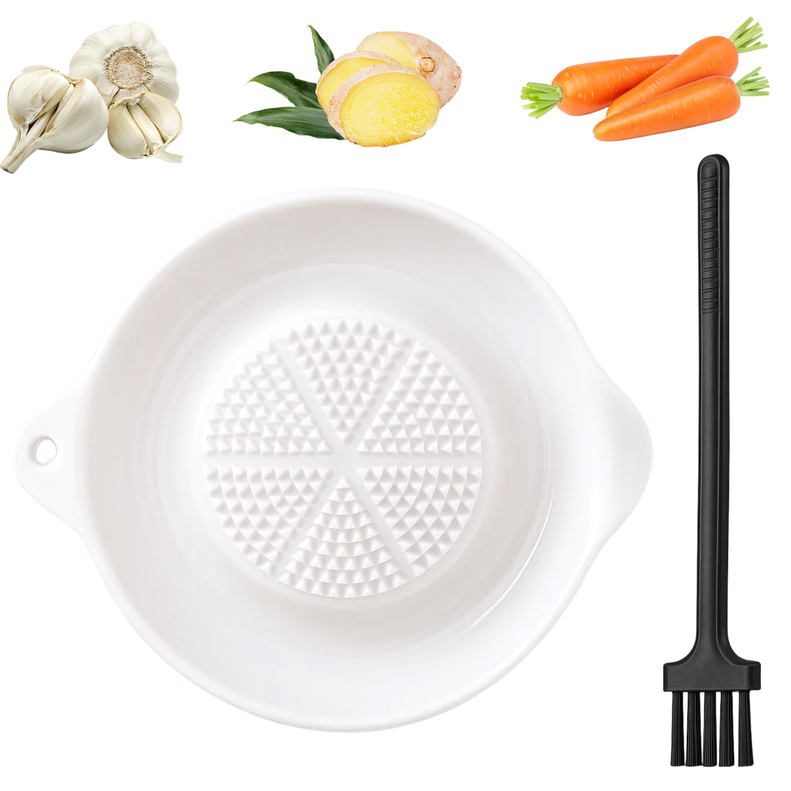 Garlic Grater Plate, Ceramic Ginger Garlic Graters with Mini Brush, Efficient Grater Plate for Garlic, Gingers, Vegetables and Spices, White Ceramic