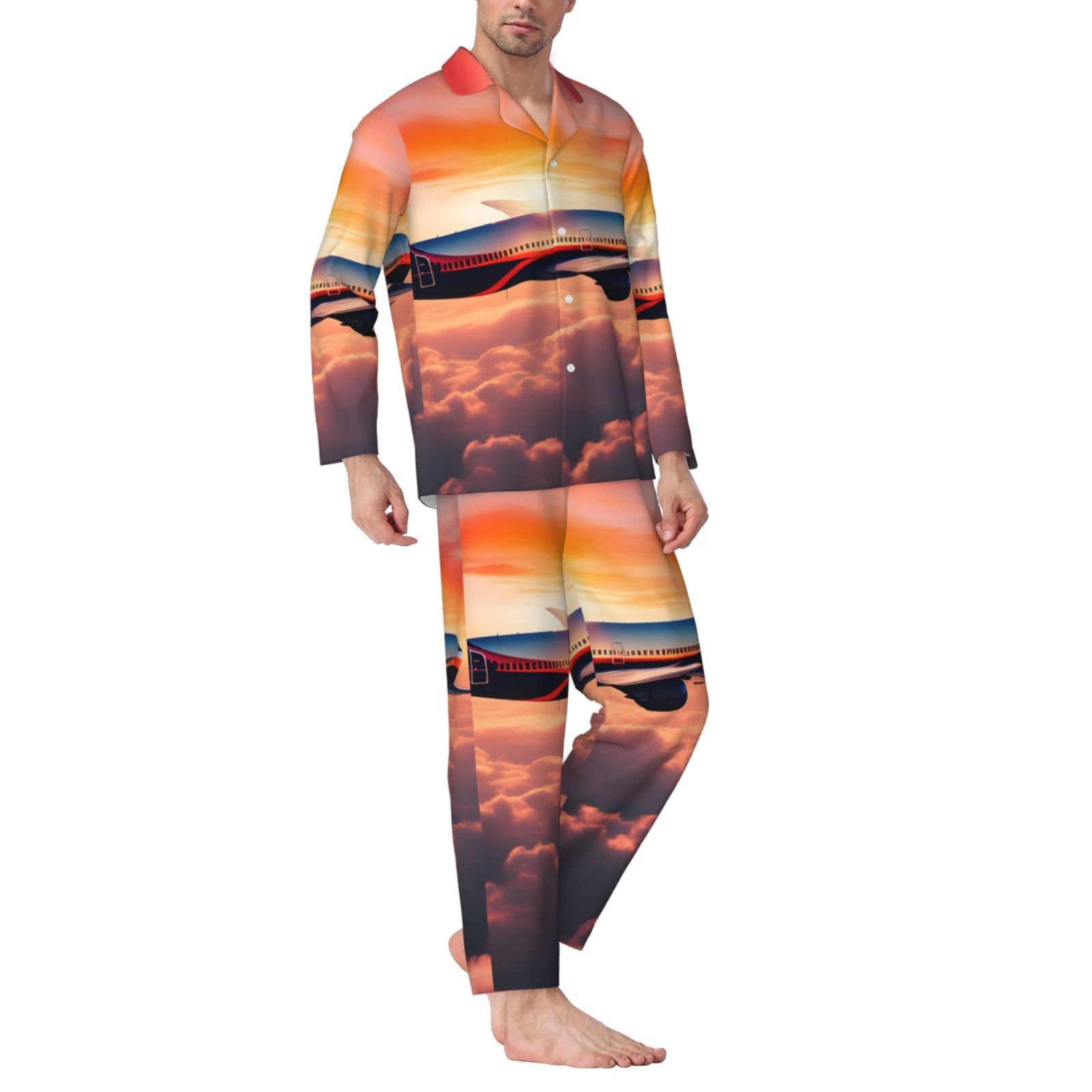 Pigiama da uomo a maniche lunghe con stampa cielo tramonti aeroplano set due pezzi traspirante accogliente Weekend Loungewear