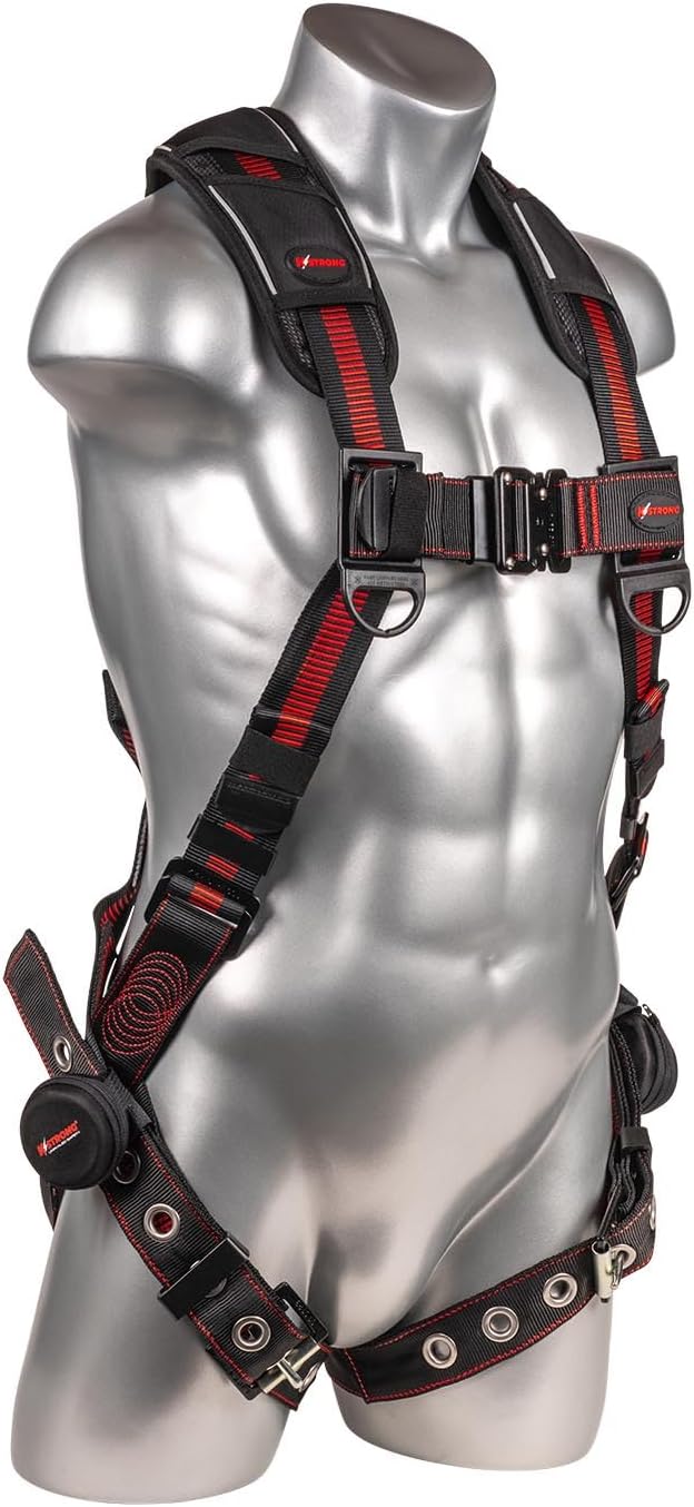 KStrong UFH15201GQ Kapture Elite+ Fall Protection 5-Point Full Body Safety Harness with Enhanced Dorsal D-ring, Tongue Buckle Legs, Quick Connect Chest, Shoulder Pad, ANSI Compliant, S-M, Black/Red