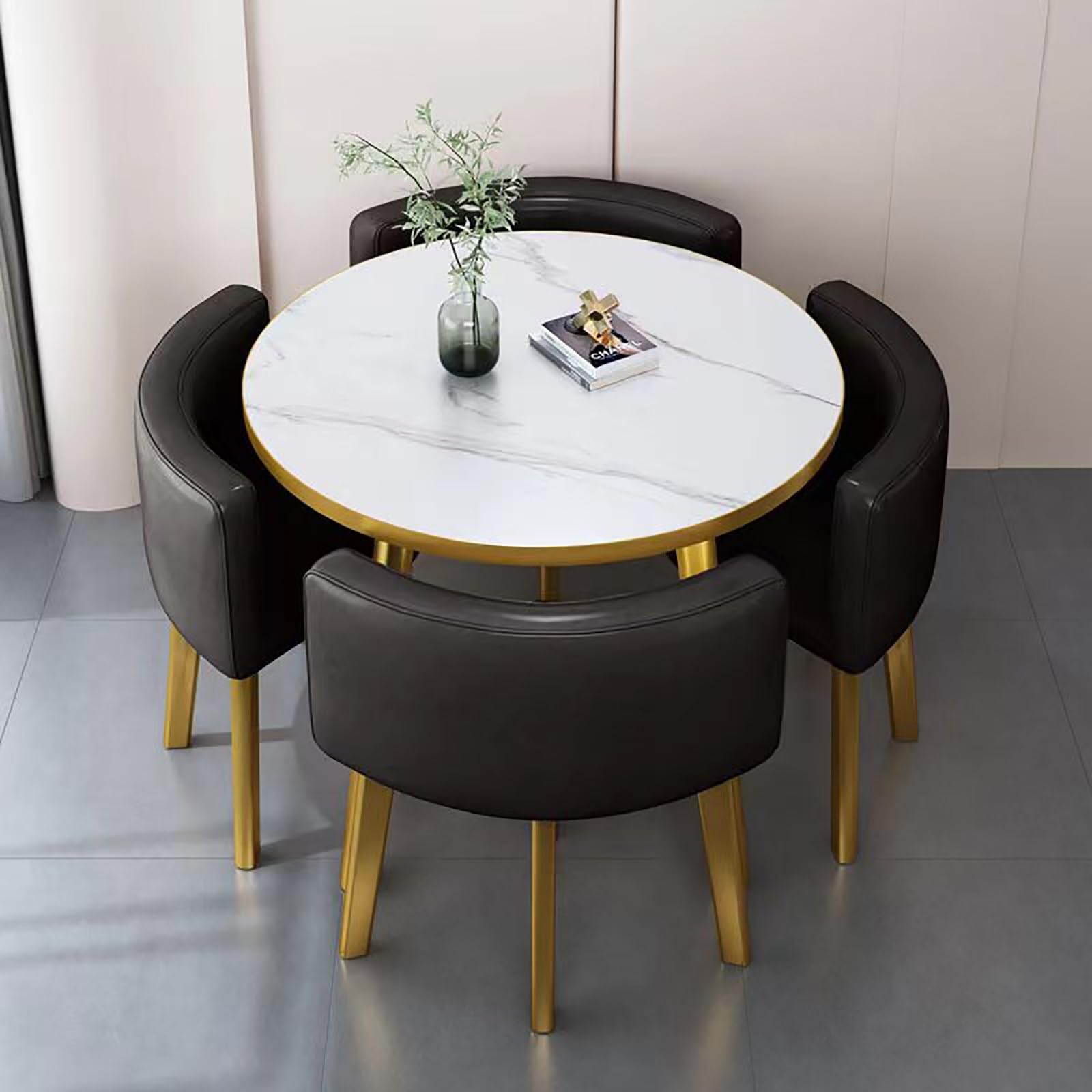 Round Dining Table Set for 4 with Marble Top and Chairs Office Reception Desk and Chair Set Suitable for Lounge Living Room Modern Furniture Dining Set,Black-Round-Leather