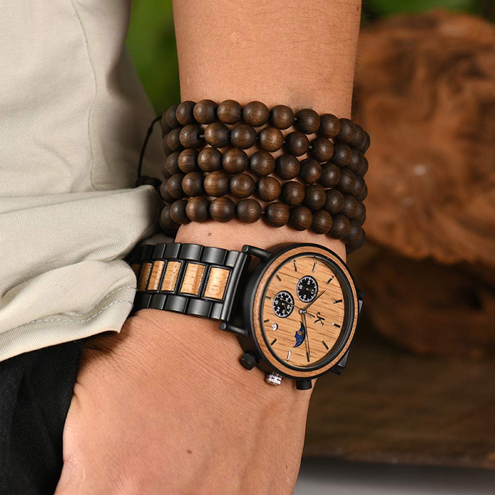 Kim Johanson Herren Holz-Edelstahl Armbanduhr *Military* in Hellbraun Chronograph mit Sonne & Mond Anzeige & einem Gliederarmband Handgefertigt Quarz Analog Uhr inkl. Geschenkbox