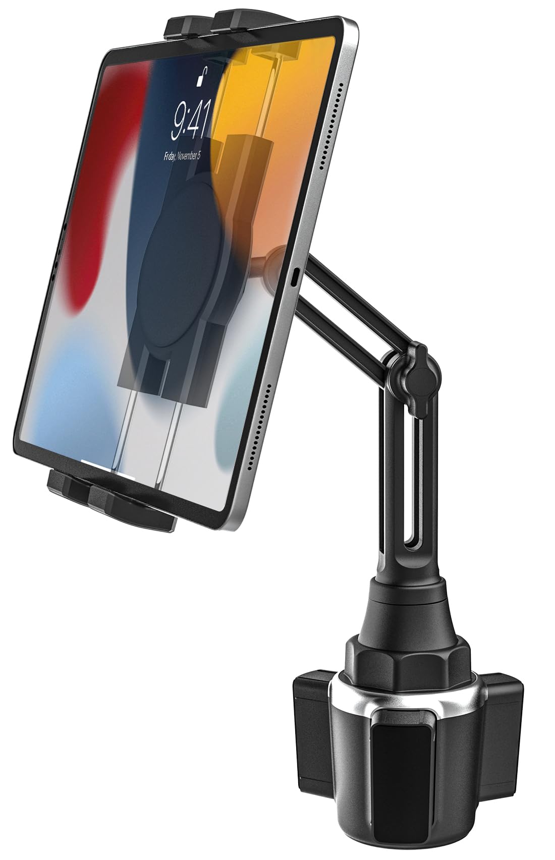 Support Tablette Voiture Gobelet, woleyi Universel Porte Gobelet Tablette avec Bras Télescopique, Support Téléphone Voiture Tasse, Pour iPad Pro 12.9 10.5 9.7 Air Mini 5 4 3 2, iPhone Series 4-13"