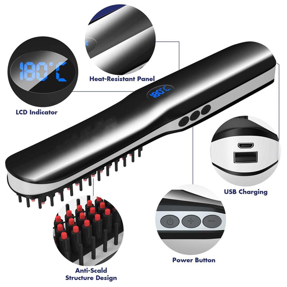 CheungLee Pettine elettrico per uomo donna, capelli e barba, pettine lisciante per uomo donna, con schermo LCD e funzione di spegnimento automatico, ricarica tramite porta USB (bianco)