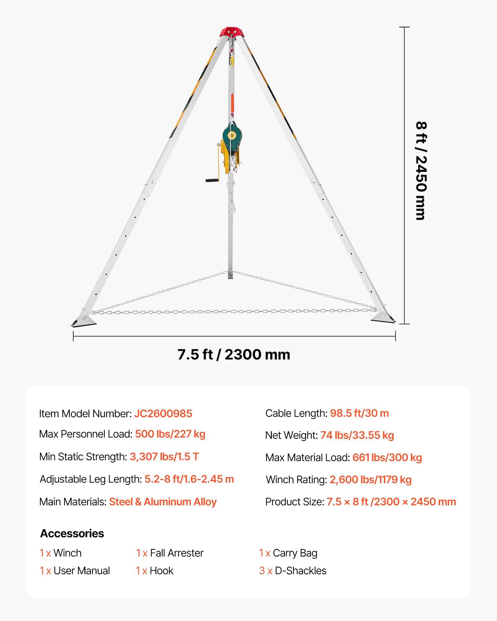 VEVOR Kit de Trípode de Rescate para Espacios Confinados, con Cabrestante 1179 kg, Patas Ajustables de 1,45 m, Cable de 30 m, Protección Anticaídas de 10 m, Altura de Trabajo de 1,6 a 2,45 m