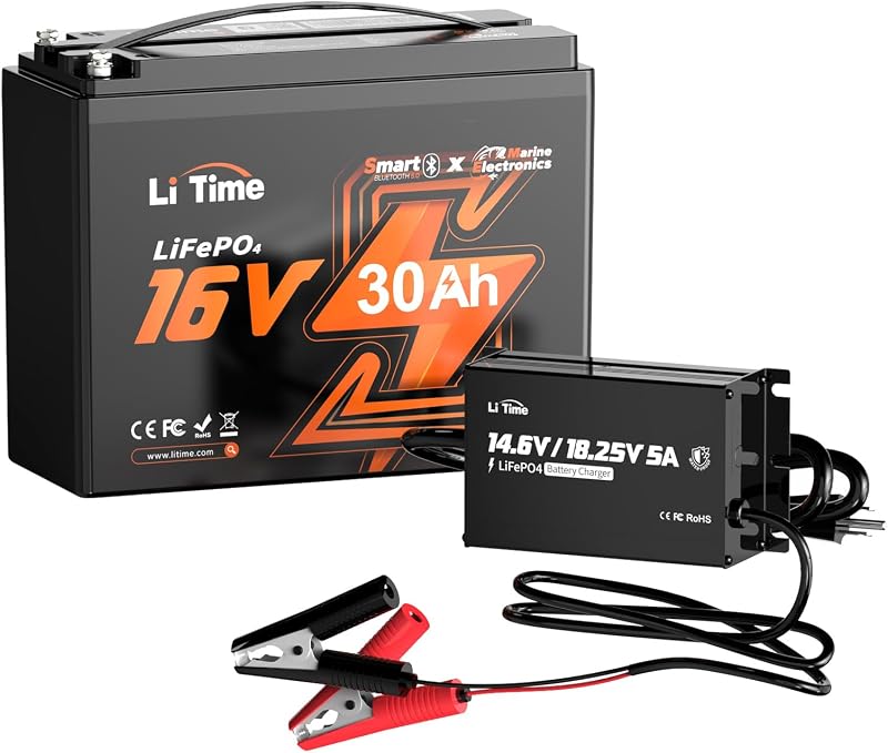 LiTime 16V 30Ah Lithium Fish Finder Battery with 5A Charger Kit | Bluetooth, 30A BMS, 4000+ Deep Cycles, Low-Temp Cutoff Protection, Tournament-Grade Power for Garmin LiveScope & MEGA Live