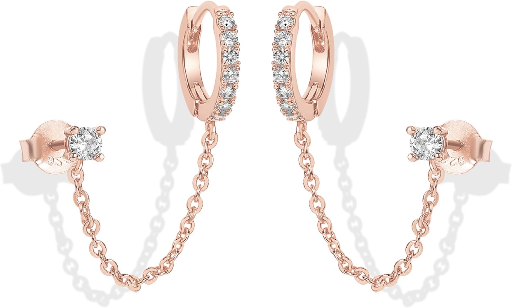 PAVOI 14K Gold Chain Earrings for Women | Double Piercing Dangle Chain Huggie Hoop Earrings | Cubic Zirconia Pearl Stud Ear Earrings for Women
