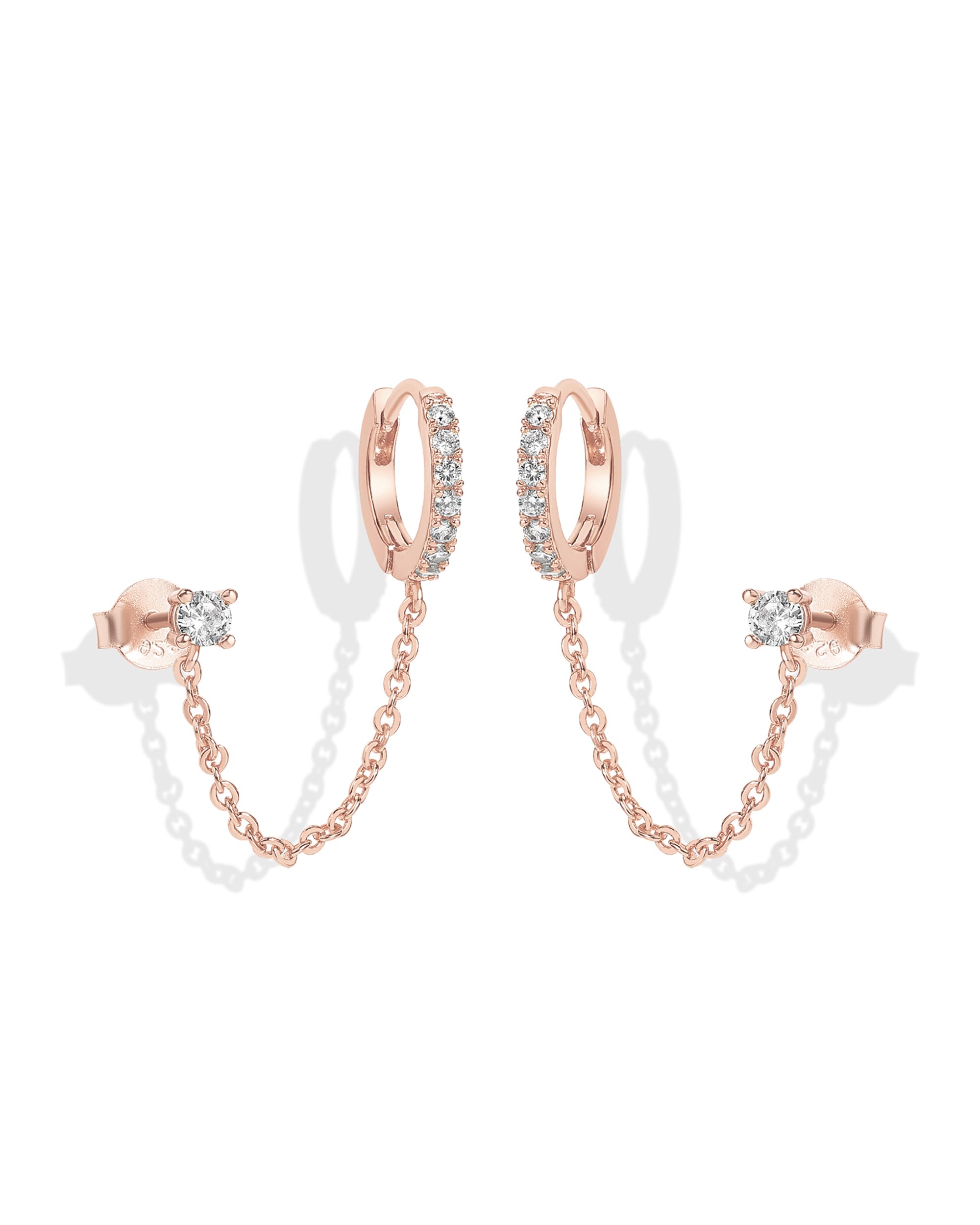 PAVOI 14K Gold Chain Earrings for Women | Double Piercing Dangle Chain Huggie Hoop Earrings | Cubic Zirconia Pearl Stud Ear Cuff Earrings for Women