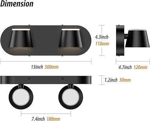 Miniatura 2 de URSOLA Lámpara de tocador de baño de 2 luces, lámparas LED negras para baño, regulables giratorias arriba y abajo, accesorios de iluminación de baño