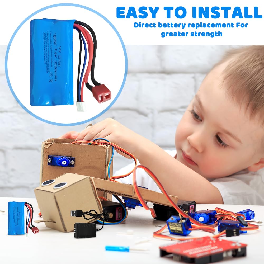 Batteria Agli Ioni di Litio, 2 Pezzi Batteria Agli Ioni di Litio 7.4V 3000 mAh, Batterie Ricaricabili con Spina Deans T, Lipo 2s con 1 Caricabatterie per Veicoli RC, Carri armati, Auto, Robot