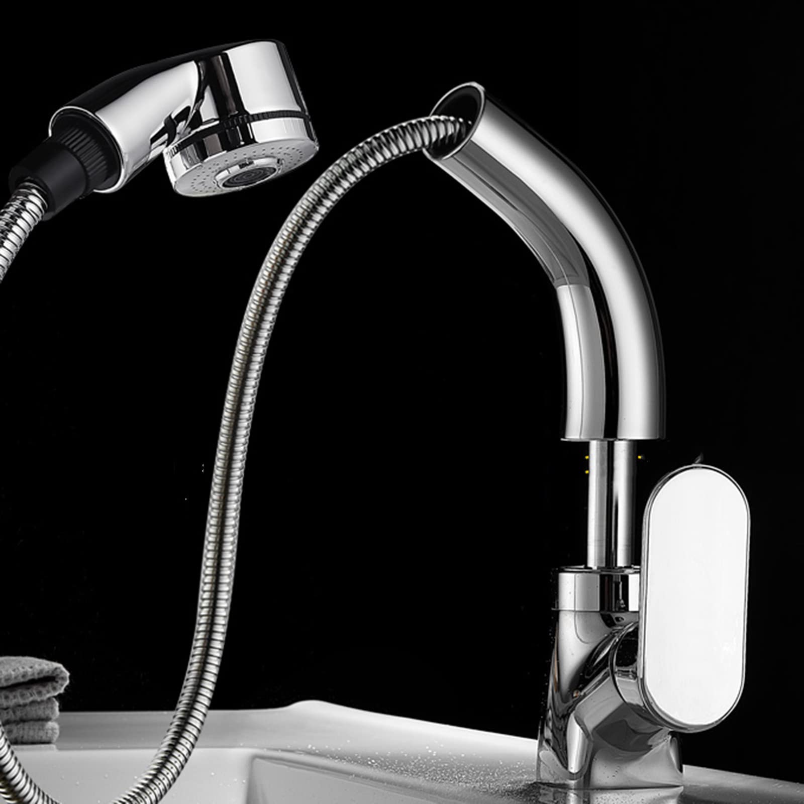 VDOQTLJT Bathroom Sink Faucet with Pull Out Spray Swivel Brass Hot and Cold Single Hole Telescoping Faucet-White(Cromo)