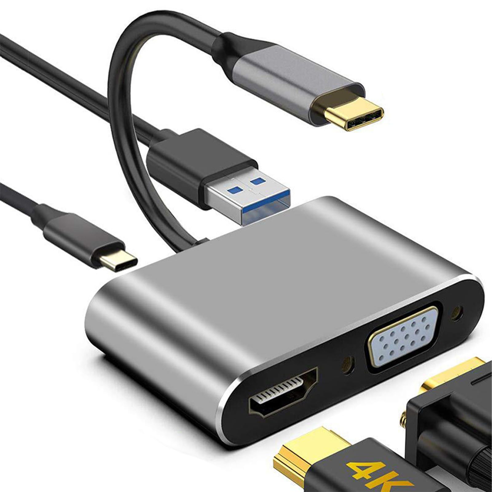 Adaptateur USB C vers HDMI VGA USB 3.0 PD,4 en 1 Hub/Adaptateur,Multiport USB C Adaptateur HDMI 4 en 1 avec Port USB 3.0,Port de Charge PD 100 W,pour MacBook,Chromebook,HDTV