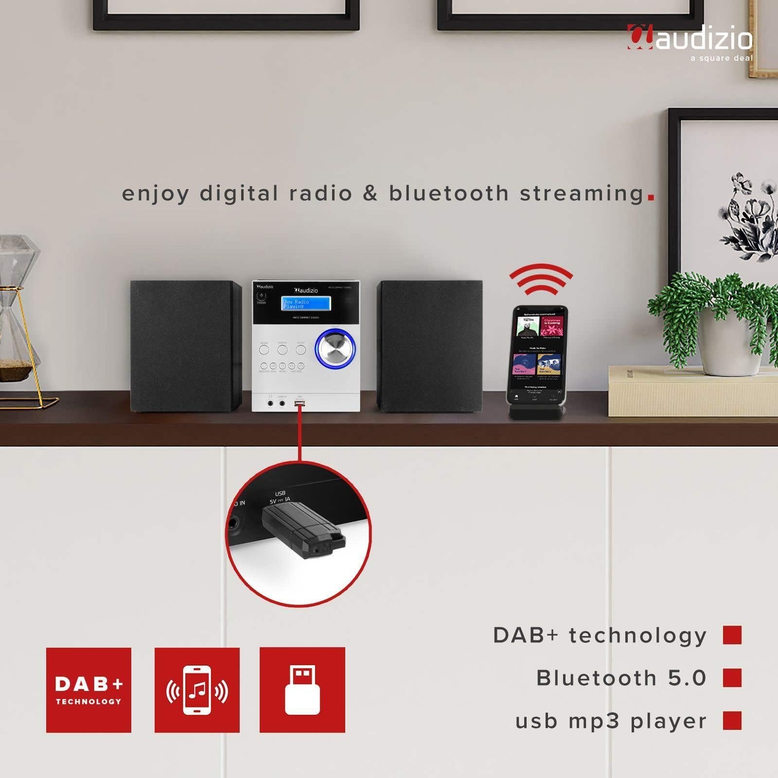 Audizio Metz - Radio Système HiFi Dab+ et Lecteur CD avec Bluetooth - Aluminium, Écran LCD, Lecteur MP3, Radio FM, Télécommande Incluse, Idéale pour Écouter Vos Stations et Musiques Préférées
