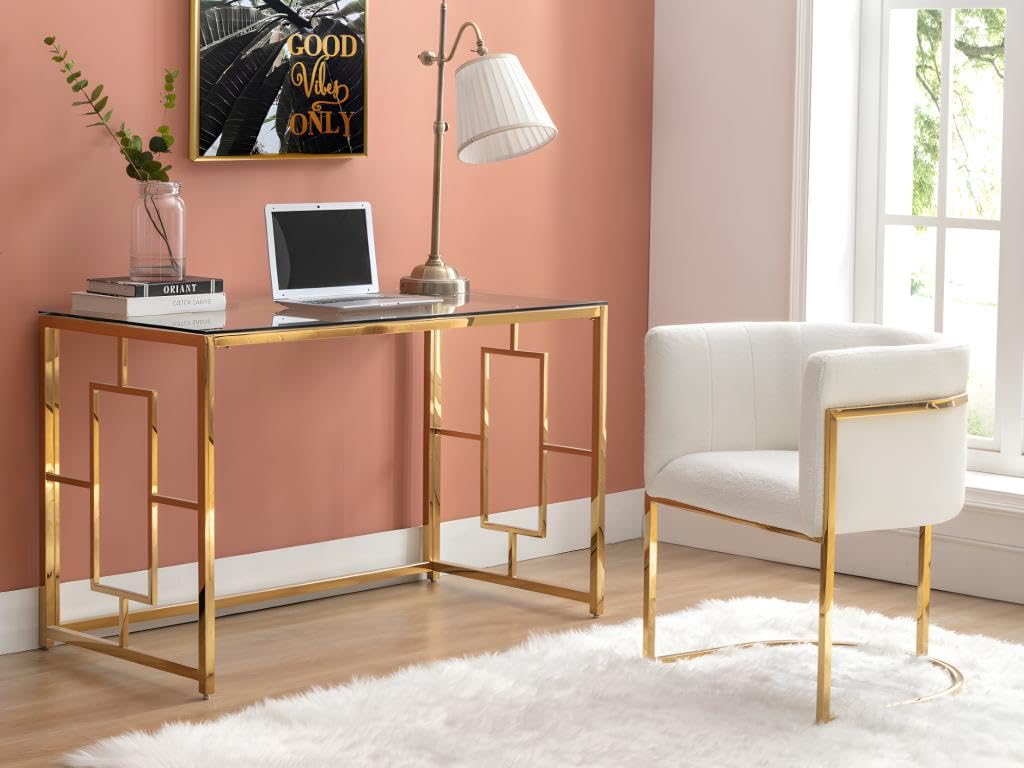 Vente-unique Bureau en Verre trempé et Acier - Doré et Transparent - Clotilde