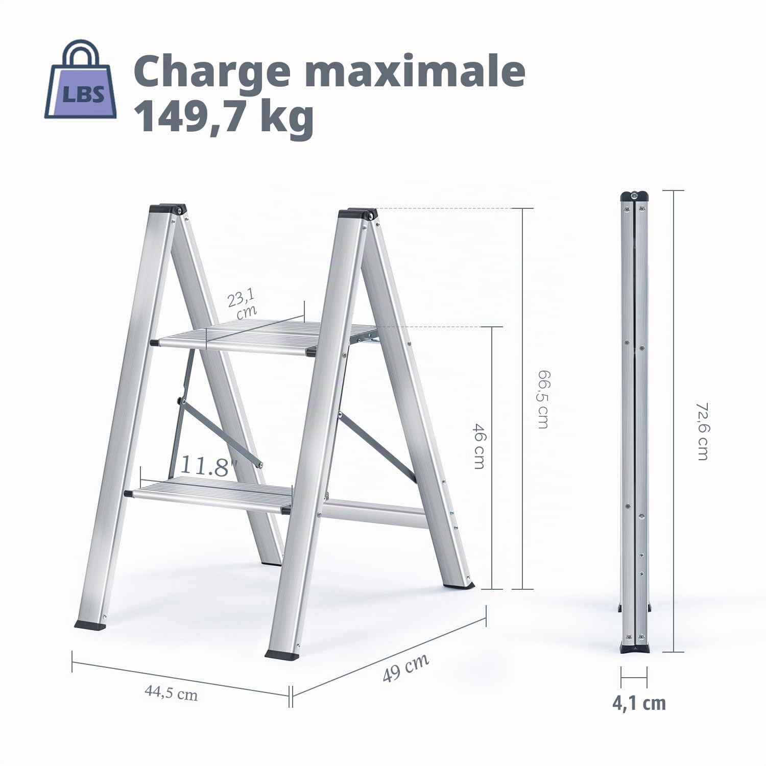 KINGRACK Escabeau 2 marches Aluminium Pliable, Marche Pied Aluminium Pliant, escabeau antidérapant, Petit et Compact, capacité de Charge jusqu'à 150 kg, 2 marches, Marchepieds escamotables