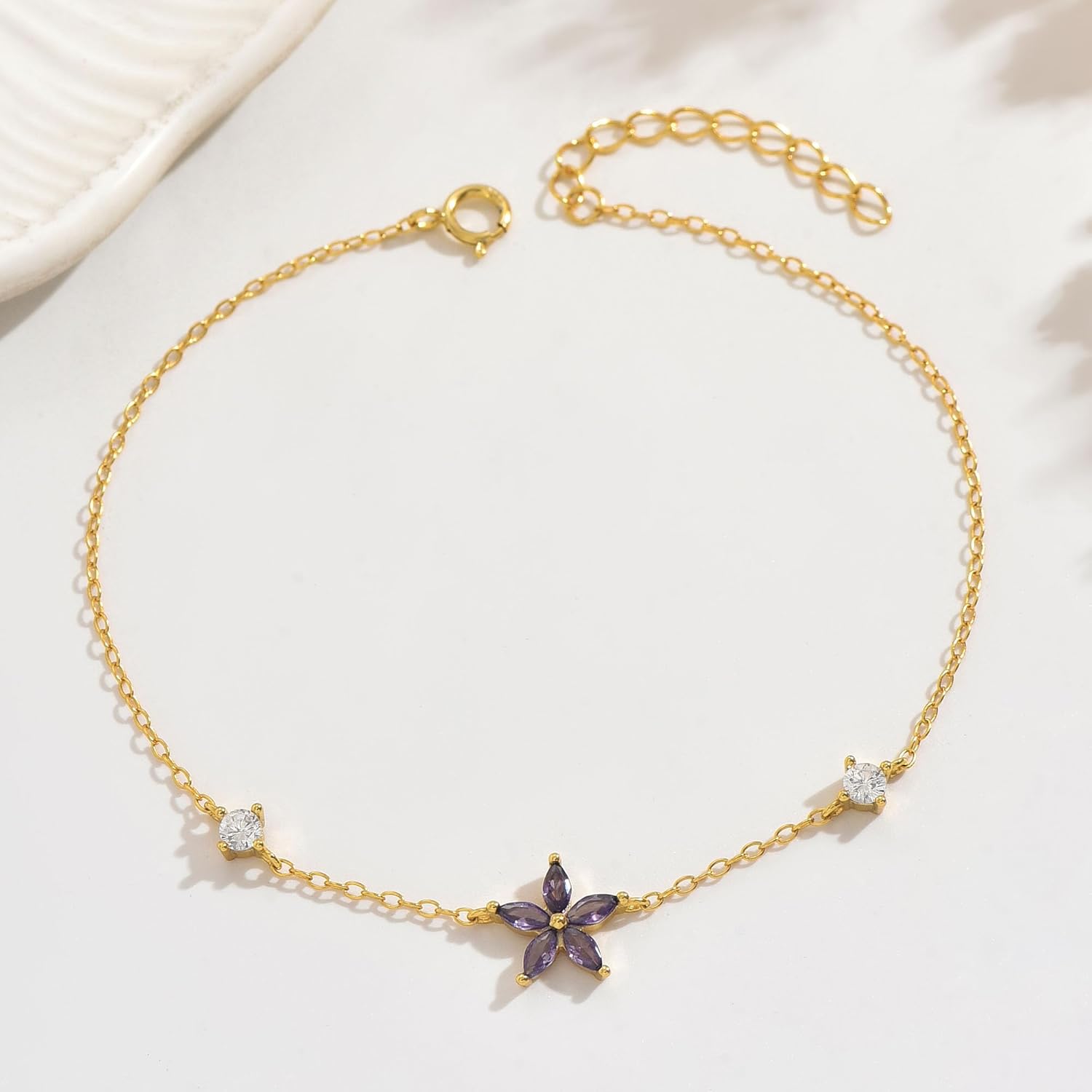 Purple Crystal Flower Bracelet for Women 925 Sterling Silver Dainty Flower Link Chain Bracelet to Daughter 14K Gold Plated Birthstone Purple White Diamond Bracelets Jewelry Birthday Valentine Day Gifts - Image 7