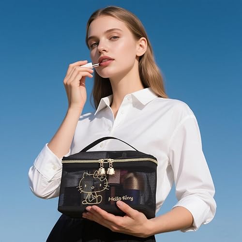 Miniatura 5 de AmBealla Bolsa grande de cosméticos para maquillaje, estuche de viaje con asa, organizador de malla de nailon negro para mujeres, bolsa de aseo para