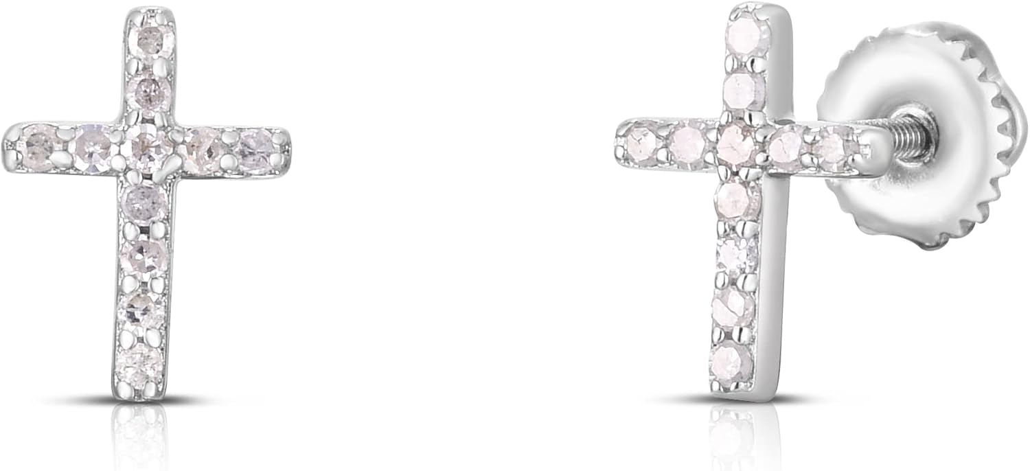 NATALIA DRAKE Tiny Cross Screw Back 1/10 Cttw Diamond Stud Earrings for Women in Rhodium Plated 925 Sterling Silver Cartilage Earring for Second Hole Piercing