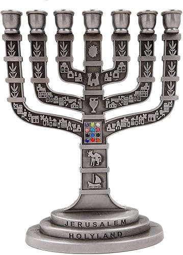 12 Tribes of Israel - Portavelas de peltre (12 Tribes of Israel, menorah, 7 ramas, Judaica, regalo, 4.7 pulgadas4.7 in) de altura