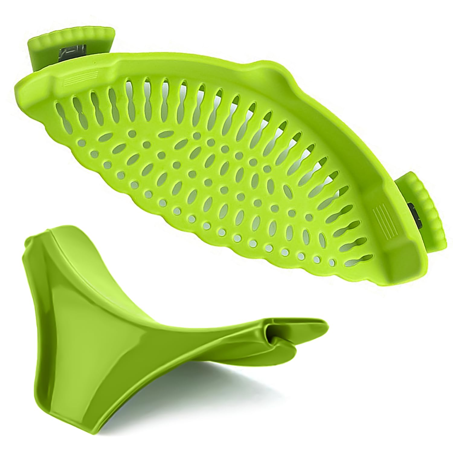 AEX Clip-on Strainer Silicone Colander - Multifunction Cooking Strainer for Vegetable, Noodles, Bowl - Home Kitchen Gadgets with Soup Funnel for Pan - Essential Kitchen Tools & Gadgets - Green