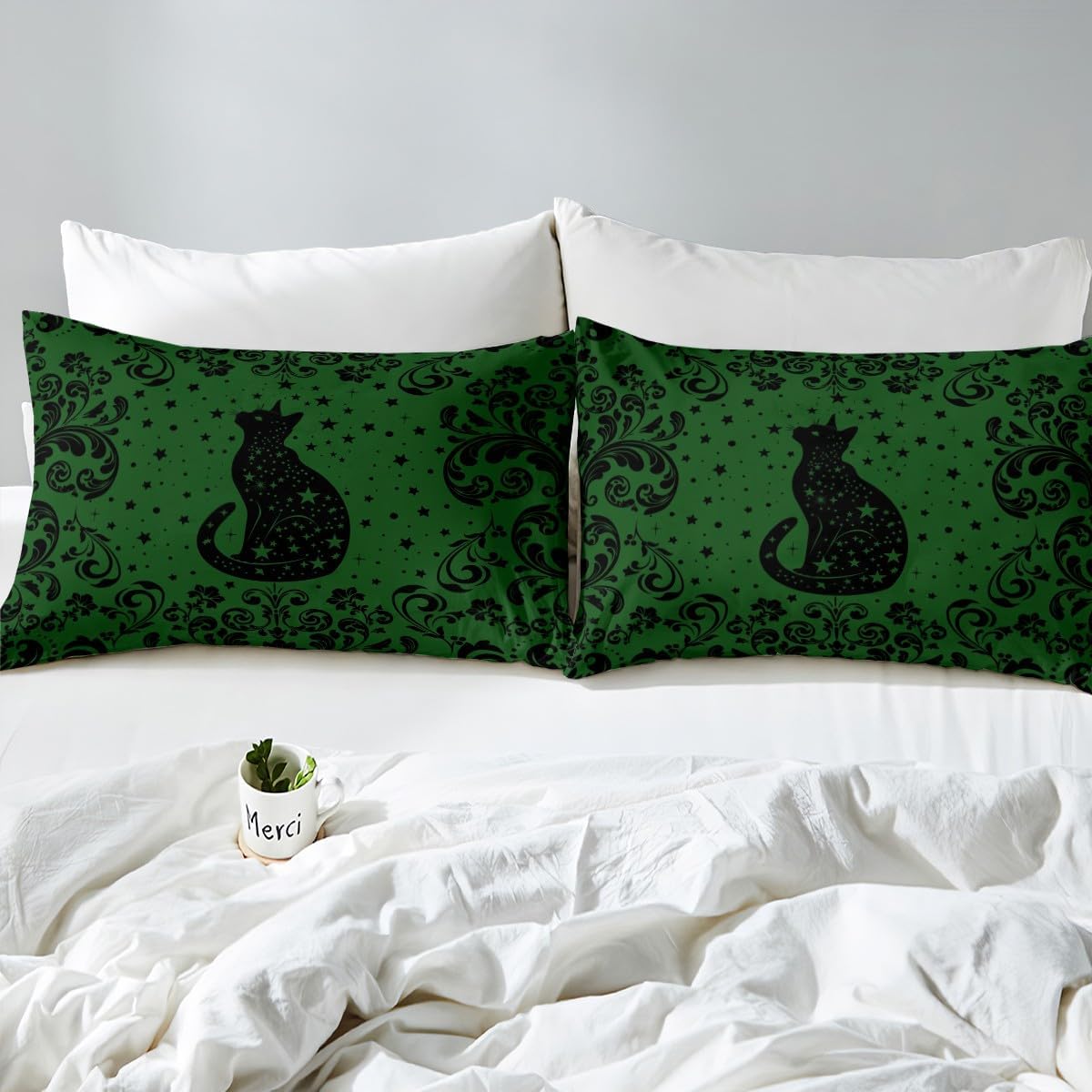 Erosebridal Adults Black Cat Duvet Cover Queen Size Green Black Halloween Gothic Comforter Cover for Men,Retro Exotic Damask Floral Animal Goth Bedding Set Boho Moon Stars Quilt Cover