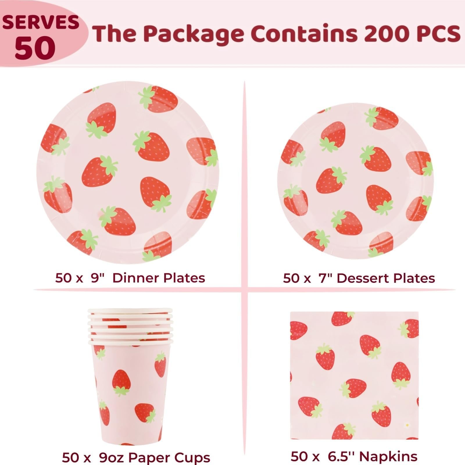 Juego de vajilla de fiesta de fresa – 200 piezas suministros para fiesta de cumpleaños, platos de papel desechables de fresa, juego de vajilla platos de cena, platos de postre, tazas, servilletas para