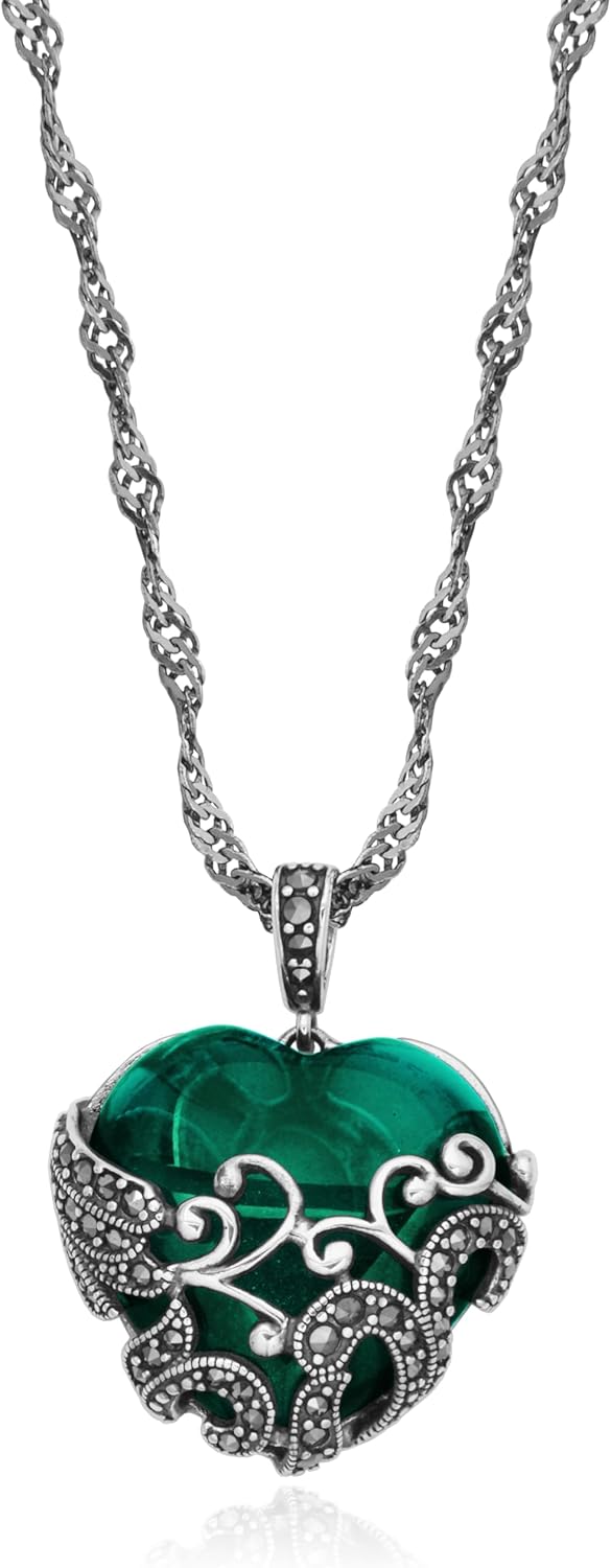 Amazon Essentials Marcasite and Colored Glass Heart Pendant Necklace with Chain in Oxidized Sterling Silver (previously Amazon Collection)