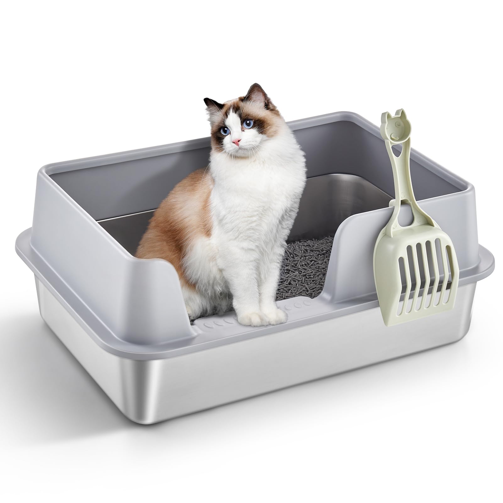 XLStainless Steel Cat Litter Box, Large Cat Litter Tray with High Sides Anti Leakage, Odor Control, Metal Litter Box with Anti-slip Bottom, Easy Cleaning Kitten Litter Tray for Cats, Grey