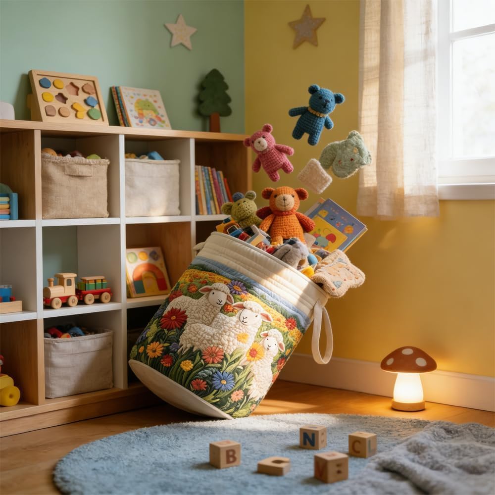 Quilted Laundry Basket, Foldable Laundry Hamper with Handles, Cute Boho Quilted Storage Basket for Blankets Toys Book and Clothes Versatile Storage (A, L 20in*28in) — view 3