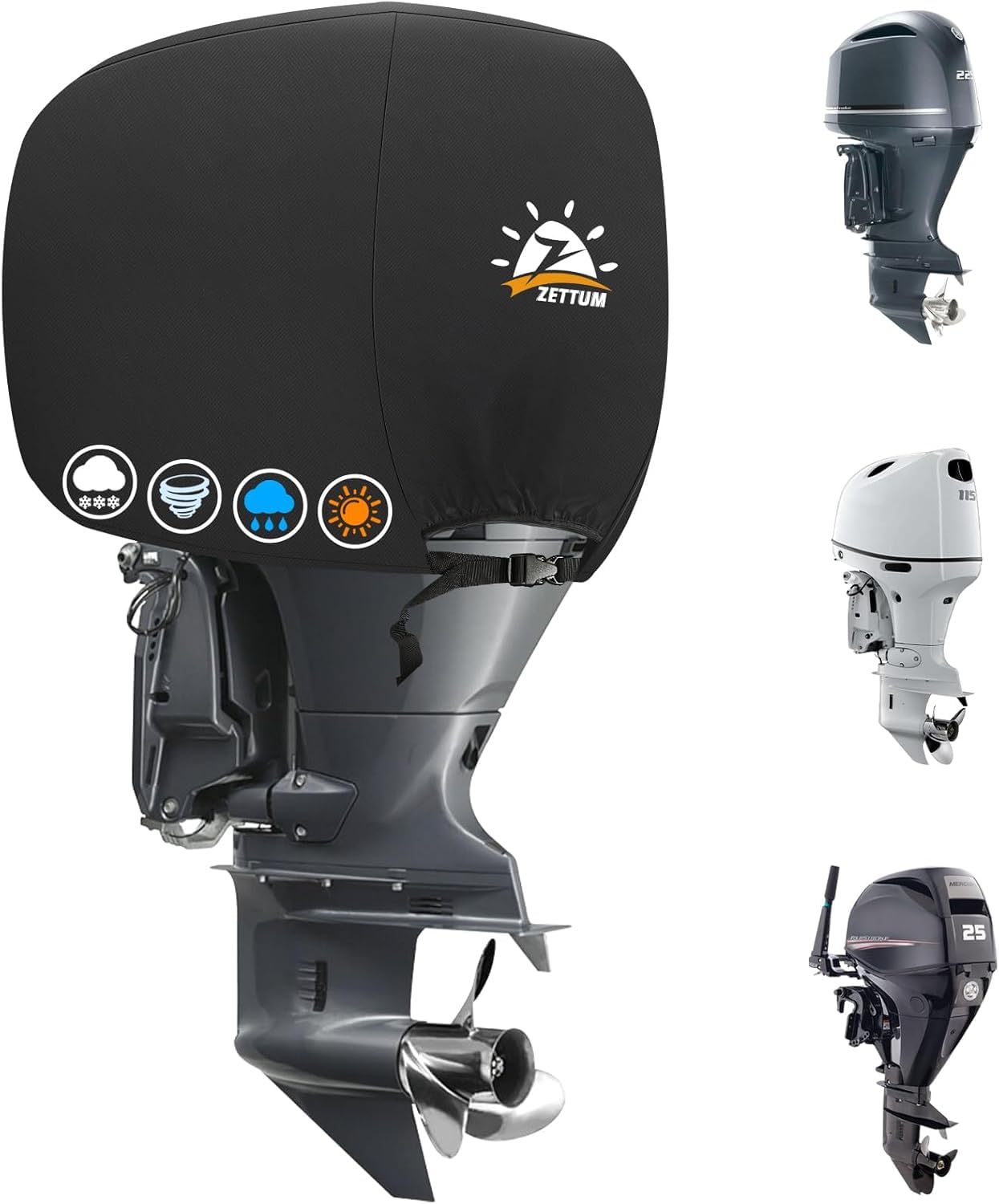Zettum Outboard Motor Cover Fit for Motor 225-300 HP, 600D PU Half Boat Engine Propeller Cover Waterproof & Heavy Duty, Fade-Resistant Outboard Engine Cover, Black