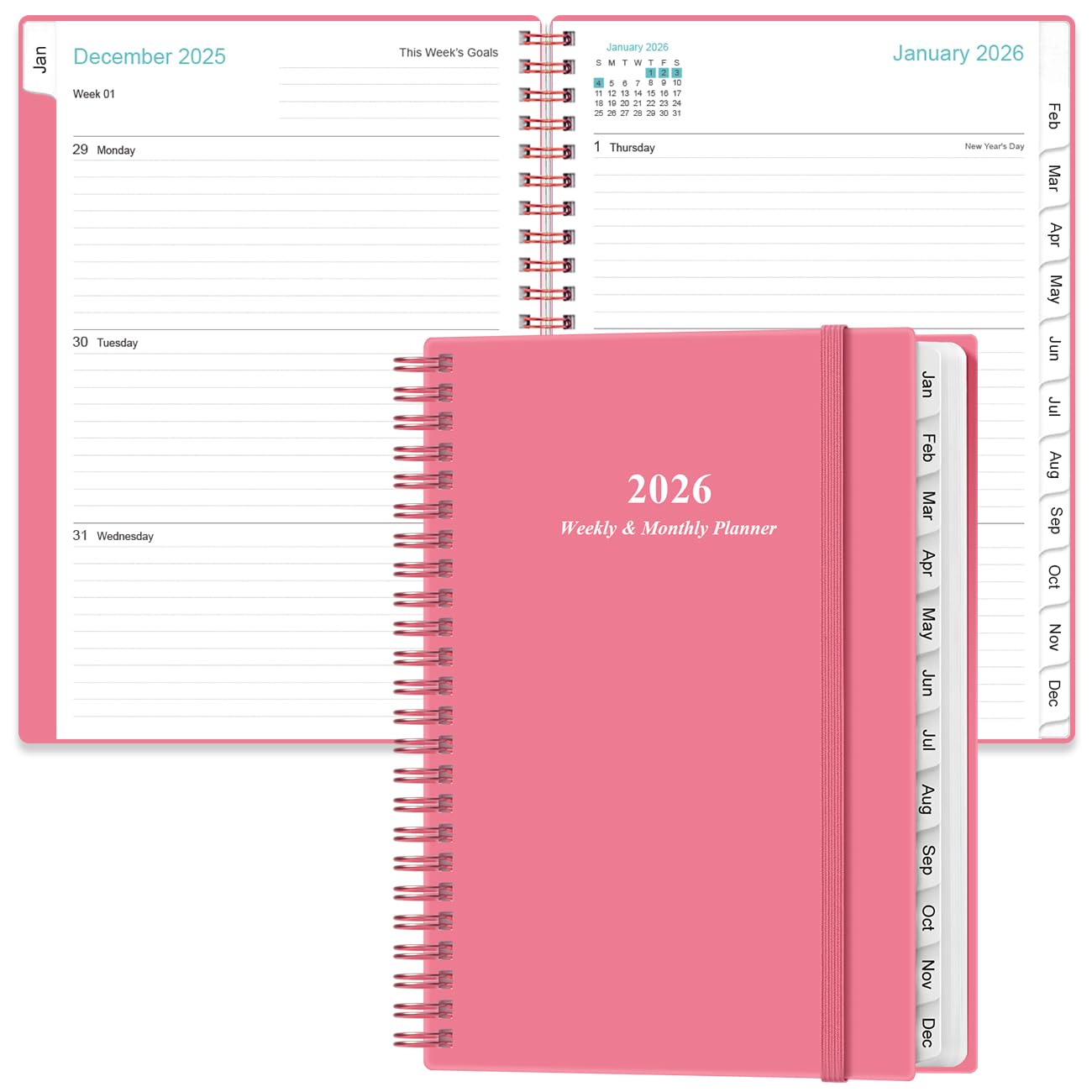 Planner 2026 - A5 Weekly & Monthly Planner Spiral Bound, January 2026 - December 2026, with Flexible Cover, Tabs, Inner Pocket, 6.4" x 8.5", Pink
