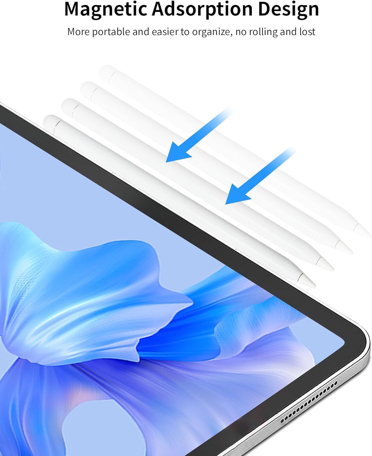 Image illustrating the magnetic adsorption design of the Atzeste iPad Pencil, showing it attaching to the side of an iPad.