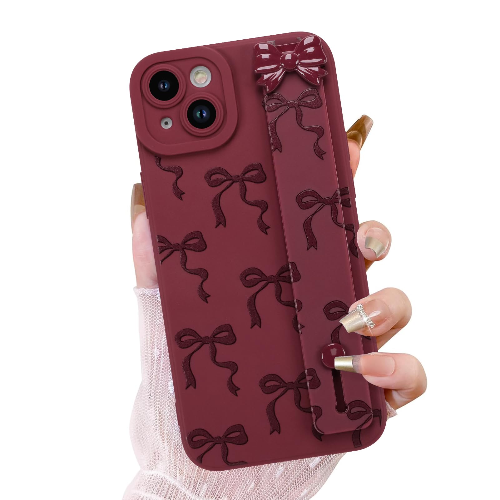 OOK Case for iPhone 14 Plus Case with Screen Protector, Cute Bow Design with Adjustable Wristband Strap Kickstand Slim Soft TPU Rubber for Women Girls