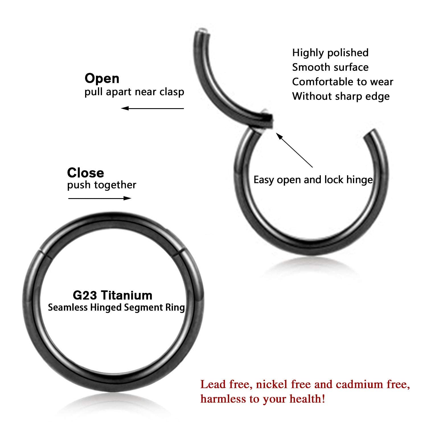 hengkaixuan 2Pcs Titanium Nose Hoop Rings Hinged Segment Clicker Rings Cartilage Helix Lip Tragus Conch Piercing Jewellery Sleeper Earrings Septum Lobe Hoop Earrings — view 4