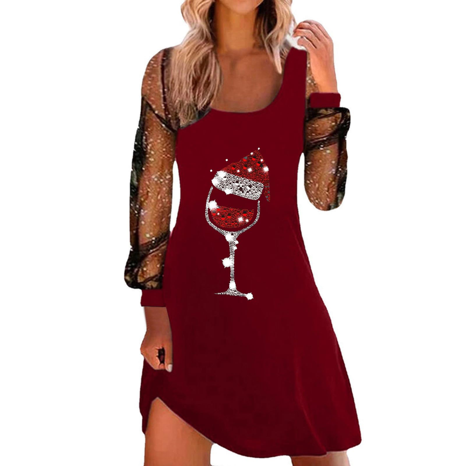 Women Christmas Dresses UK Sexy Spaghetti Strap Tank Dress with Mesh Long Sleeve Santa Xmas Dresses Plus Size Women's Soft Santa Costume for Chirstmas Party Prom