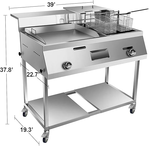 Miniatura 3 de LetFeng - Freidora y carrito de plancha de acero inoxidable, freidora de un solo tanque con plancha de 20 pulgadas, 2 cestas de freidora de propano