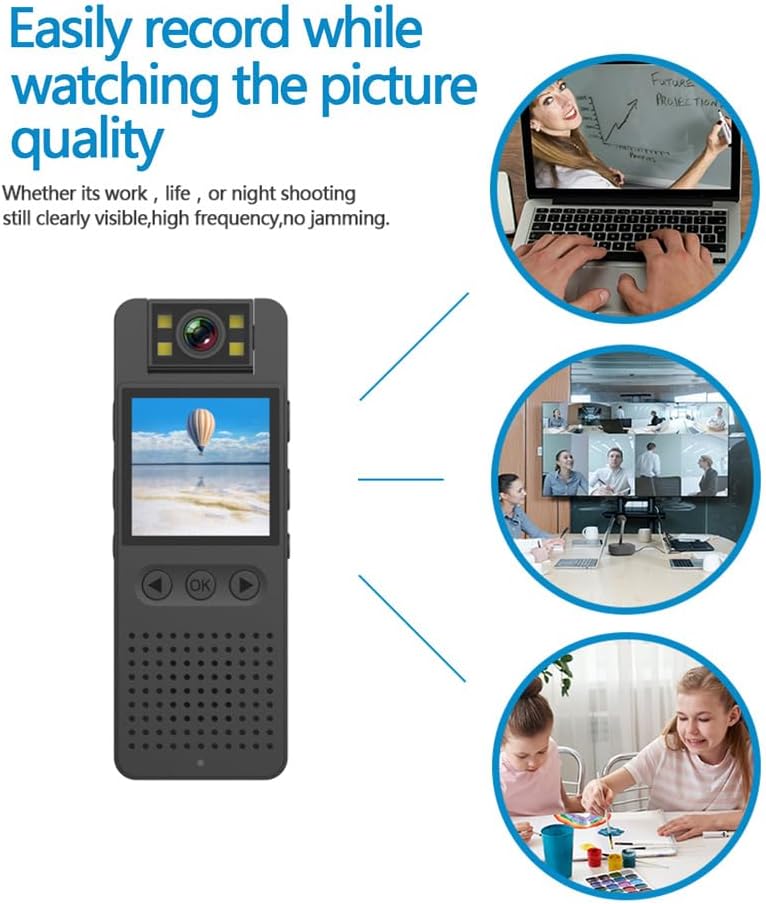 Andoer Mini Body Camera with examples of its recording capabilities in various scenarios: a person working on a laptop, a video conference, and children drawing.