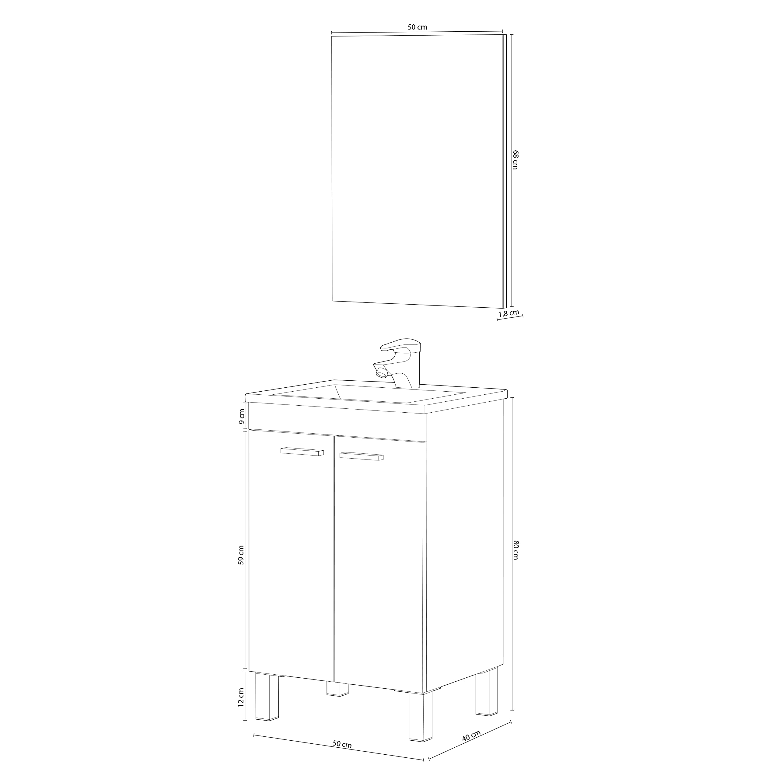 ARKITMOBEL – Mueble de Baño con 2 Puertas y Espejo, Módulo Lavabo con Patas, Color Roble Alaska, 50x80x40 cm – Modelo PM (Lavabo no Incluido)