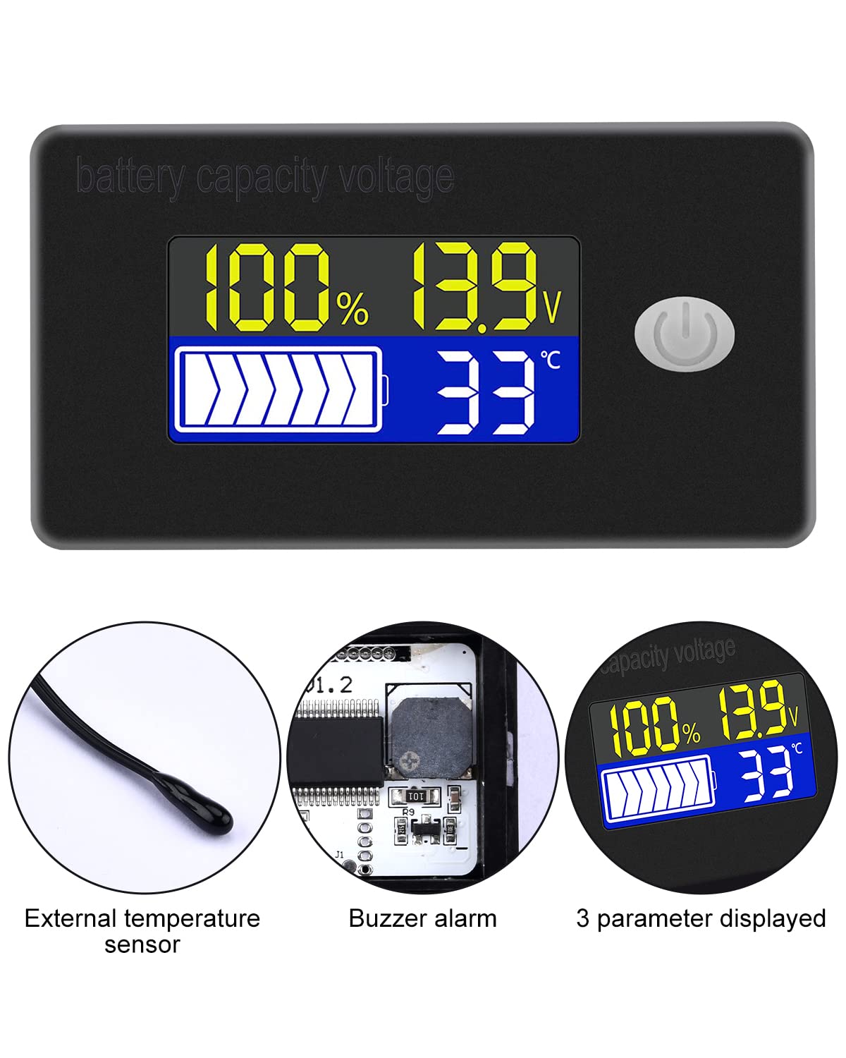 Close-up of the Voktta Battery Capacity Voltage Meter showing external temperature sensor, internal buzzer, and display parameters