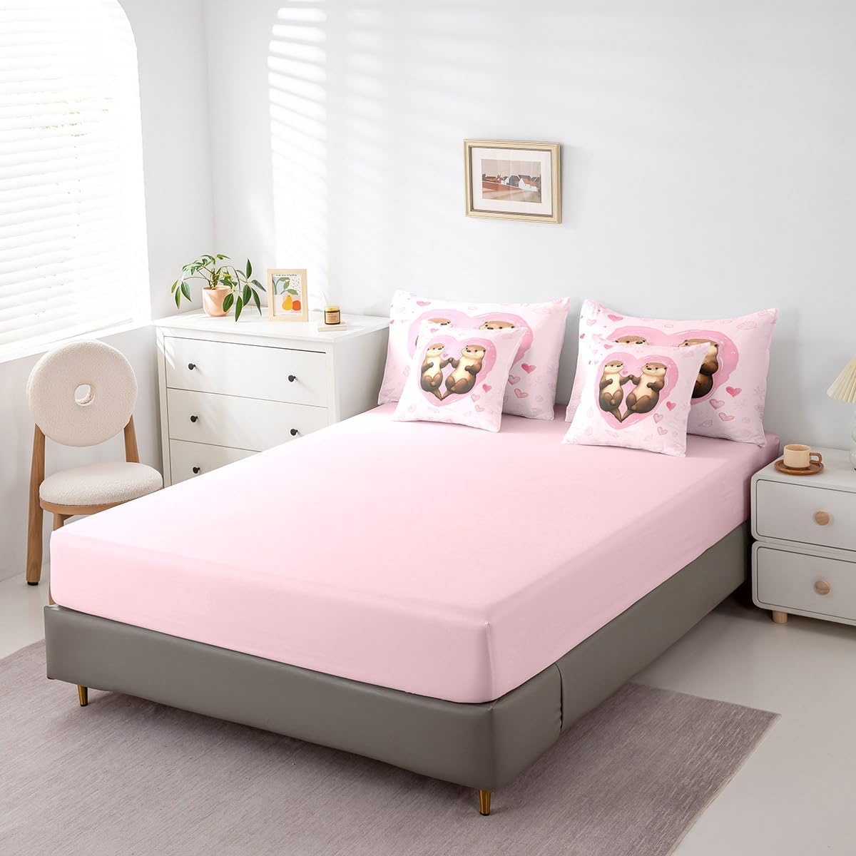 7 Pieces Full Size Cute Otter Comforter Set,Sketch Love Heart Dreamy Bedding Set for Girls Women,Shell Starfish Cartoon Ocean Animal (Comforter+Fitted+Flat Sheet+2 Pillowcases+2 Throw Pillow Covers)