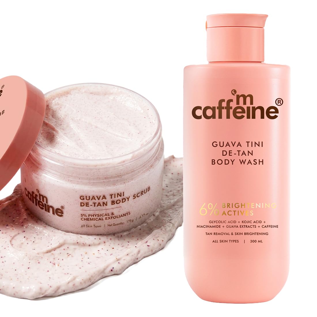 mCaffeine De-Tan Power Duo | Guava Tini De-Tan Body Wash & Dual Action Scrub | 1% Glycolic Acid, 2% Niacinamide, 3% Kojic Acid & Glutathione | 5% Natural & Chemical Actives | AHAs | Fruity, Guava Fragrance-picture-45
